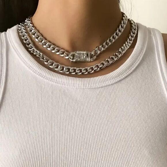 2 Pcs Statement Chunky Chain Necklace Set Inlaid with Shiny Rhinestones SILVER - Picture 1 of 8